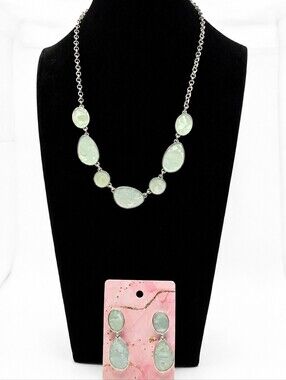 Mint Green Statement Necklace & Earrings Set Silver Tone EUC Boho
